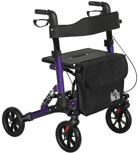 HOMCOM Folding Rollator Walker with Seat, Backrest, Lightweight Walking Frame with Storage Bag, Dual Brakes, Adjustable Handle Height, Suspension System, 4 Wheeled Walker for Seniors, Purple
