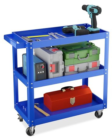 Relaxdays Carrello Portautensili Officina, Carrellino a 3 Ripiani Porta Attrezzi da Lavoro, 76x78x35 cm, Max 100 kg, Blu