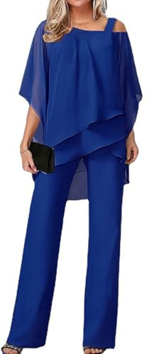 MASUCOR Tuta da Donna Completo da Sera Elegante in Tulle Festivo con Camicia in Chiffon e Pantalone a Vita Alta con Gamba Larga Completo Vintage da 2 Pezzi Completo da Lavoro per il Tempo Libero(Blue,