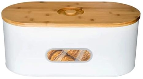AMYSTY Caja De Pan Panera para Pan Caja De Pan De Metal con Tapa De Tabla De Cortar De Madera Recipiente De Almacenamiento De Pan Creativo con Ventana Transparente Caja Contenedor De Pan(White)