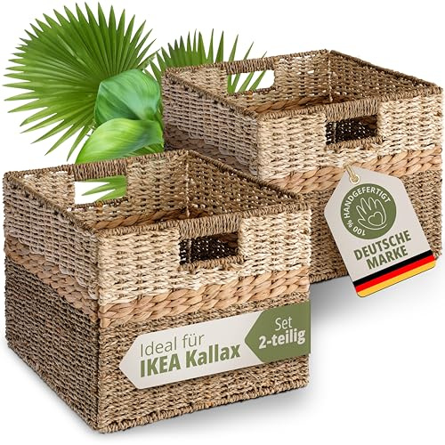 TERRAVIEN Aufbewahrungskorb 2er Set aus Naturmaterialien 30 × 33 × H 26 cm | Besonderes Flechtdesign aus Seegras, Wasserhyazinthe und Palmblatt - handgeflochten für Regale, Küche, Bad & Wohnzimmer