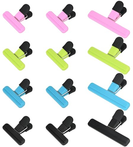 12 Pcs Green, Blue, Pink, Black Clips (1L, 1S) - Reusable Sealer for Freezer, Home, Kitchen, Office, Camping, Snacks, Coffee
