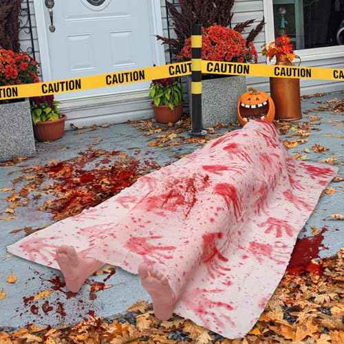 XIMISHOP Halloween 5.4 FT Leiche Deko, Horror Aufblasbarer Toter | Lebensgroß Leichen Requisiten with Warnband Körper Gefälschte Leich for Indoor Outdoor Friedhofs Haunted House Garden Deko