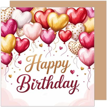 Edition Seidel Biglietto di auguri di compleanno quadrato con busta, biglietto di auguri di compleanno Happy Birthday con testo inglese uomo donna palloncini cuore (GQ450 SW025)