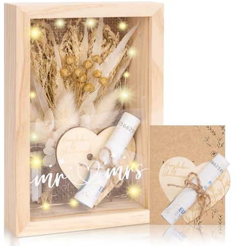 YYSWSAKY Hochzeitsgeschenke für Brautpaare, Geldgeschenk Hochzeit, Hochzeitsgeschenk Geld Verpackung Geschenkbox inklusive Holzbox, Trockenblumen, Lichterketten, Grußkarte, Hochzeit Geschenke Ideen