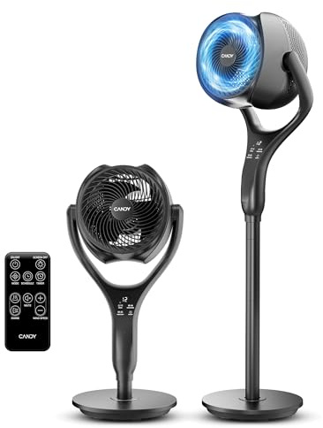 CANDY Standing Fan for Bedroom, 90° & 120° Oscillating Pedestal Fan, 3 Heights Adjustable Floor Fan with Brushless Motor, 12 Speeds, 3 Modes, Night Light, 12H Timer, Remote for Home, Dorm, Office