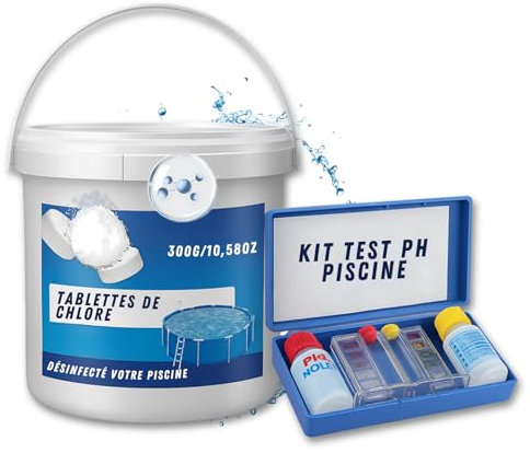 Mano Vivo Pack Traitement Piscine, Pastilles de Chlore 20g + Testeur pH & Chlore, pour Spa, Jacuzzi et Piscine jusqu'à 15m³, Longue Durée