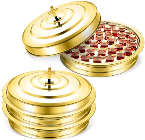 Jingmore Communion 2 Trays with Lid Christmas Holy Wine Serving Trays House up 80 Cups Stacking Stainless Steel Churches Ware Wine Bread Christmas Party Supplies (Gold)