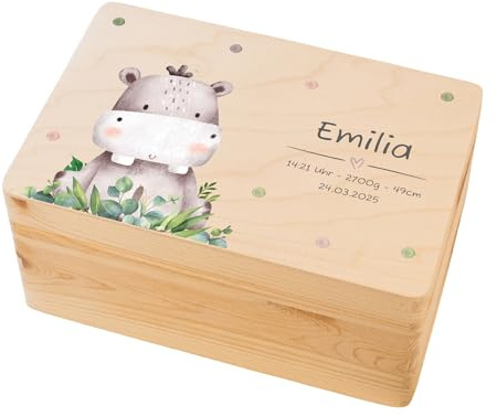 LARIFEE Erinnerungskiste personalisiert Nilpferd mit Name – Baby Erinnerungsbox Holz klein 30x20x14 cm – Geschenk Geburt, Taufe & Babygeschenk