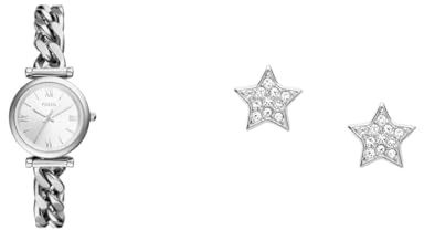 FOSSIL Damen Carlie Silberfarbene Edelstahl Uhr und Ohrringe, Set
