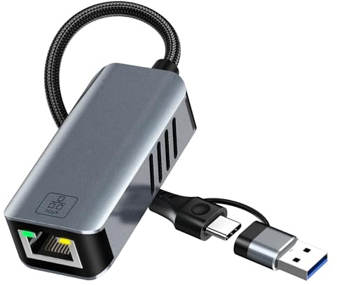 5Gbps USB to Ethernet Adapter - 5G Ethernet Adapter for Laptop Aluminum USB 3.0 & USB C to RJ45 Computer Network Internet LAN Dongle Converter for MacBook Air/Pro, HP, XPS, Surface, iPad, iPhone 17/16