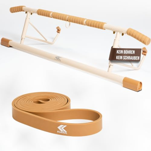 KIANA Sports Klimmzugstange für Türrahmen ohne Bohren & ohne Schrauben | Pull Up Bar Tür bis 150kg | inkl. Widerstandsband & Übungsplan | Indoor Klimmzugstangen zum Einhängen | Pullup Bar Door