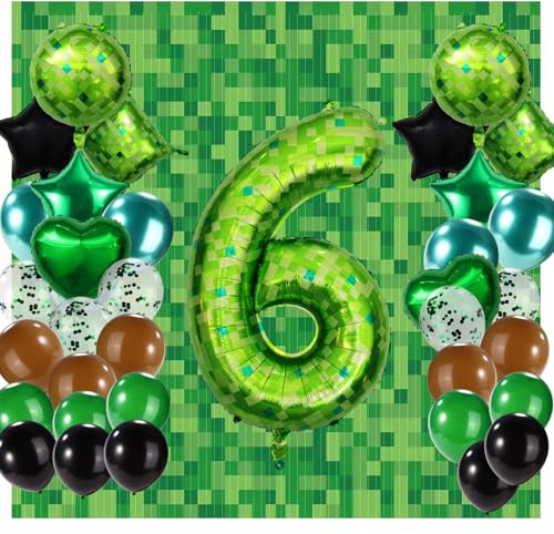 38 Set Palloncini Pixel, Palloncini in Lamina con Forme Rotonde Quadrate Cuore Stella Numeriche e Sfondo Decorativo Tenda Antipioggia Articoli per Feste a Tema Gioco per Bambini e Adulti (Numero 6)