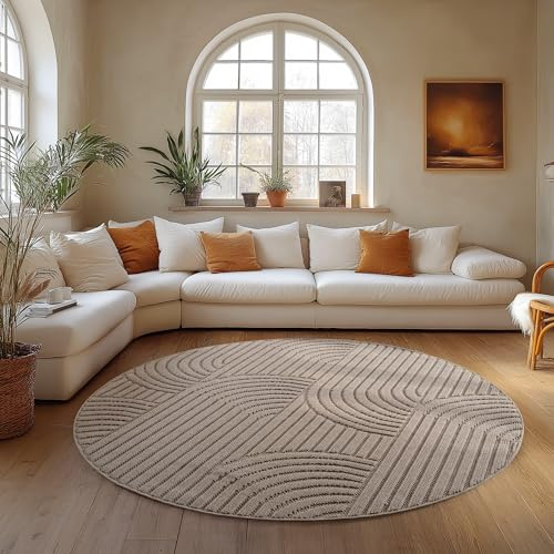 Carpettex Teppich Rund 160 cm Beige Boho Design Bouclé Schlingenflor Skandi Stil Modern Weich Strapazierfähig Pflegeleicht großer runder Teppich für Wohnzimmer Esszimmer Schlafzimmer