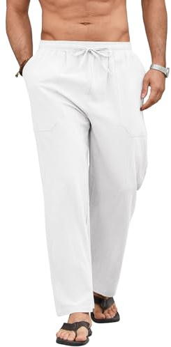 Vorvowry Pantaloni Lino Uomo Estivi in Misto Cotone e Lino Leggeri Traspiranti con Vita Elastica Cordino e Tasche Pantaloni Casual Lunghi Bianco XL