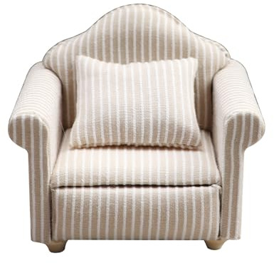 JVHLOV Sofá en Miniatura 1:12 para Casa de Muñecas – Sillón de Tela con Cojín, Mueble Miniatura para Decoración del Salón de Casa de Muñecas (Blanco a Rayas)