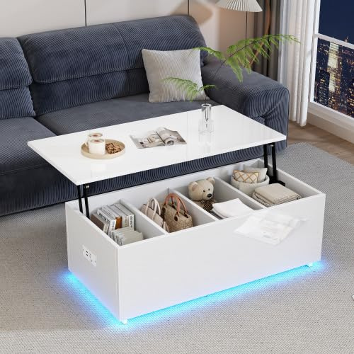 vutizal Höhenverstellbarer Couchtisch mit LED & USB-Ladung,Teetisch Hochglanz und hydraulischem Hubboden, Multifunktionstisch als Beistelltisch mit 4 Fächern,Weiß