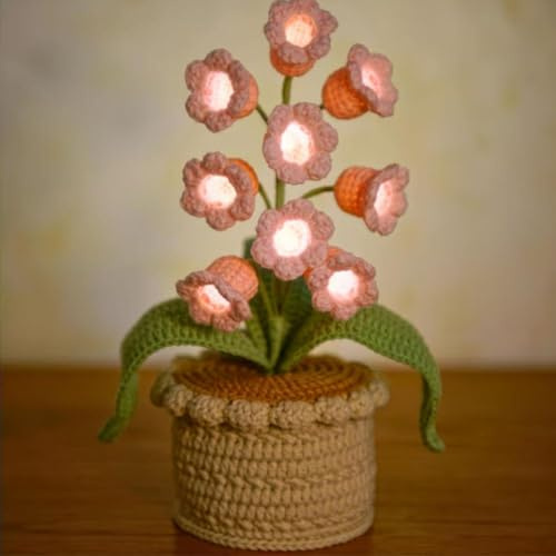 Handmade Crocheted Lily of The Valley LED Lantern, Crochet Artificial Flowers with Night Lights, Cordless Table Lamp, Cute Gifts for Women Wife Girlfriend Birthday Christmas Valentine Mother's Day