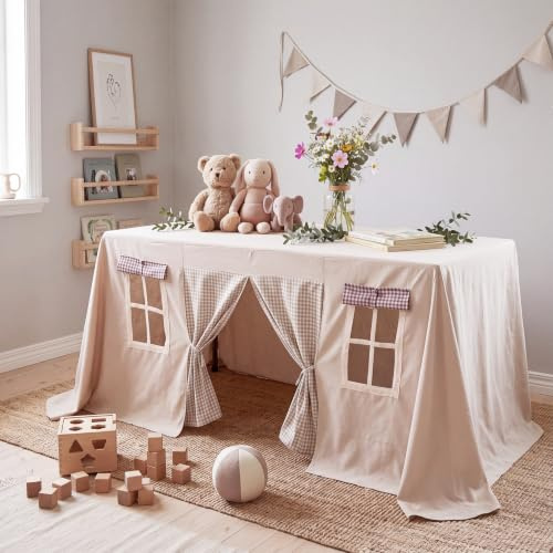 Oudain 10ft x 7.5ft Large Playhouse Table Cloth Table Fort Tent Cover Playhouse Indoor Outdoor Tablecloth for Birthday Party Playground Play Accessory (Green Purple Color, Checkered Style)