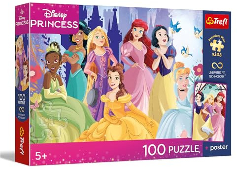 Trefl - Relax con le principesse - 100 pezzi - Puzzle colorati con i personaggi delle fiabe, da comporre, poster esclusivo incluso nel set, intrattenimento creativo, gioco per bambini dai 5 anni in su