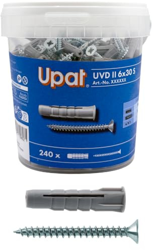 Upat UVD II 6x30 S Barattolo 240 Tasselli con Vite | Diametro 6 mm | per Muro, Calcestruzzo, Mattoni Pieni e Forati, Cartongesso | 240 Tasselli + 240 Viti