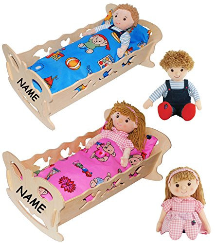 alles-meine.de GmbH Set Schmusepuppe & Holz Puppenwiege/Puppenbett - Mädchen Puppe - incl. Name - Wiege aus Naturholz - 50 cm - für Puppen - incl. Bettzeug - Decke & Kopf..