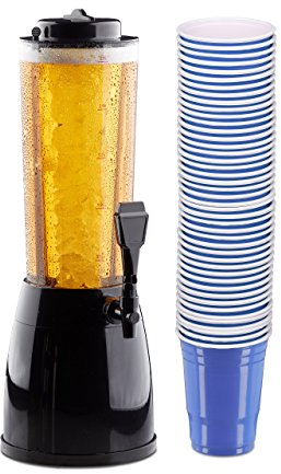 Relaxdays Tireuse à bière de capacité d’env. 2,5 l avec Robinet et 50 gobelets Bleus en Plastique, pour soirées, bière-Pong, fêtes