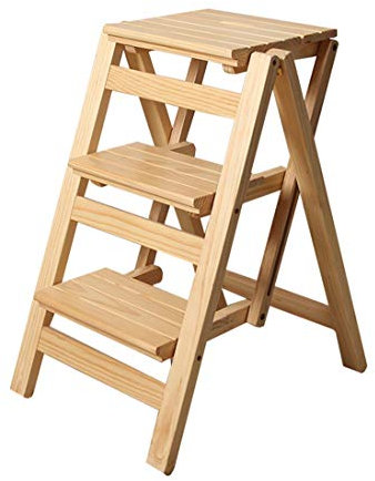 Stepladders Wood Folding Step Stool for Kids Adults Kitchen Small Ladders Multifunction Stepladder/Stairway Chair with 3 Steps for Home Library Folding Steps (Color : Natural)