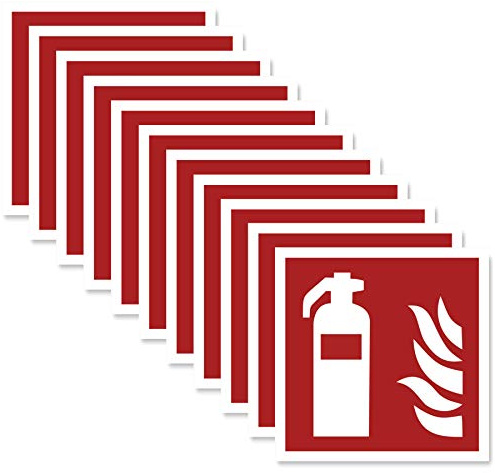 11 x Feuerlöscher Aufkleber (10x10 cm) - Selbstklebend - Alternative zum Feuerlöscher Schild - Brandschutzzeichen nach ISO - UV-Schutz für Innen und Außen - Geschlitzte Rückseite