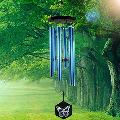 FONMY Windspiel für den Außenbereich, mit Schmetterlingsschild, tolles Windspiel, Geschenk, beruhigende melodische Töne & Bambus/Aluminium, für Garten, 31 Länge, blaues Glockenspiel zum Aufhängen.