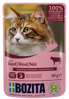 Bozita Pouch Nassfutter Häppchen in Gelee mit Rind - 12x85g Portionsbeutel getreidefreies & weizenfreies Futter für Katzen - Katzennassfutter für erwachsene Katzen mit 8,5% Protein & 4,5% Fettgehalt