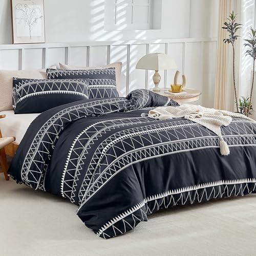 Lekesky King Size Duvet Cover Sets Black Bedding Boho Stripe Print Bedding Sets King Size (1x Quilt Cover, 2x Pillowcases) Ultra-Soft Microfiber Black Duvet Set