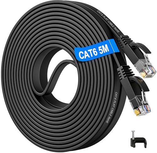 Soibke Cable Ethernet 5m, Rj45 Cat 6 Câble Réseau Plat Haut Débit 1Gbit/s | Câble Internet Lan 5 Mètres Gigabit Noir fil ethernet 5m Intérieur pour PC, Routeur, Switch, Modem