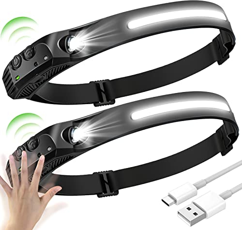 2PCS Stirnlampe LED Wiederaufladbar USB Superheller Kopflampe Superheller 350 Lumen Kopflampe 230° COB Sensor Stirnlampe 5 Lichtmodi Leichte IPX4 Wasserdichte Headlight für Joggen Angeln Laufen