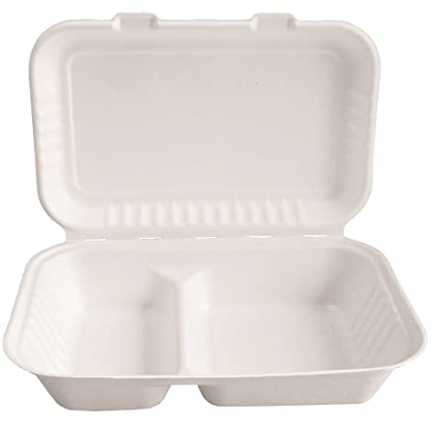 BAMI 50x Menübox | Zuckerrohr | weiß, 2-geteilt, 20x19x6cm | Essensbox mit Deckel, Take Away Box