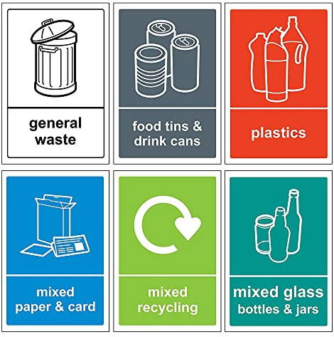 6 Self Adhesive Multi Recycling Bin Stickers, Waterproof Labels for Waste Bins, Food, Plastics, Mixed Paper and Card, Mixed Glass and General Waste 6 Decals, 150 x 100mm