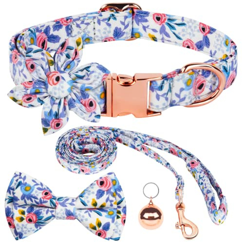 AUAUY Hundehalsband mit Fliege, Glöckchen, Abnehmbaren, Seide, Blau S | Komfortable Hundehalsband, Langlebige Bequeme Baumwolle Halsband, mit Metall-Klickverschluss und Glöckchen für Hunde