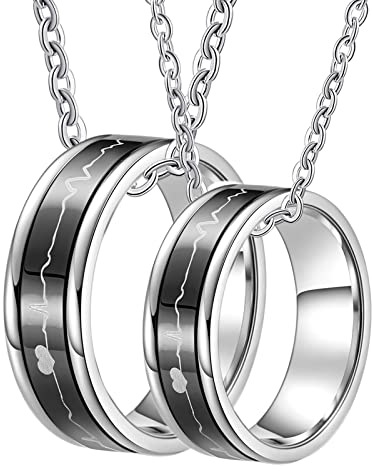 Beydodo Halskette für Paare 2 Stück, Edelstahl Kette mit Anhänger Ringe Spinner 7MM Herzschlag Partnerketten für Sie und Ihn