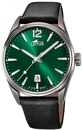 LOTUS Reloj Hombre Analógico de Acero Inoxidable y Cuero Negro | Movimiento de Cuarzo, Calendario, Cristal Mineral de Alta Resistencia, Resistente al Agua 10 ATM Clásico 18685/4 Minimalist