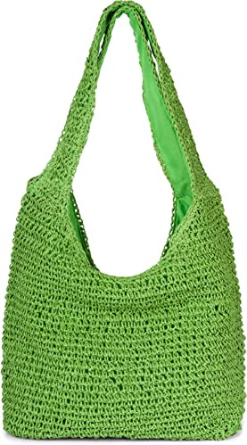 styleBREAKER Sac en paille de papier pour femme avec longues anses | Sac tressé estival avec fermeture éclair | Sac de plage à bandoulière, vert, Taille unique