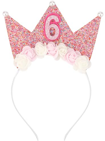SuPoo Birthday Decorations for Girls - 6th Birthday Headband Crown, Glitter Hair Band, Flower Princess Tiara Hair Accessory for Party