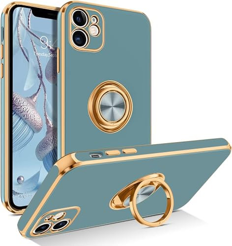 elexal iPhone 12 Silicone Case for Women Girls iPhone 12 Phone Case with 360° Ring Holder Kickstand Slim Luxury Bling Plating Soft TPU Anti-Scratch Shockproof Bumper Phone Case iPhone 12 - Teal