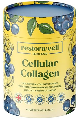Restora:cell Hydrolyzed Collagen Powder with Wild Blueberries, CoQ-10, Probiotics and Vitamin C, Grass-Fed Bovine Collagen Peptides for Women - 8g of Collagen Per Serving, Made in The UK, 250g