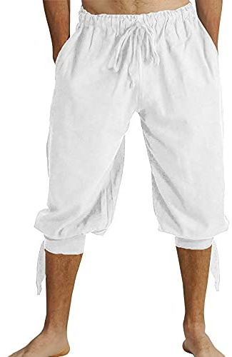 Runcati Pantalones cortos para hombre con cordones, pantalones de verano vikingos, pirata, medieval, tiempo libre, playa, Color blanco., XL