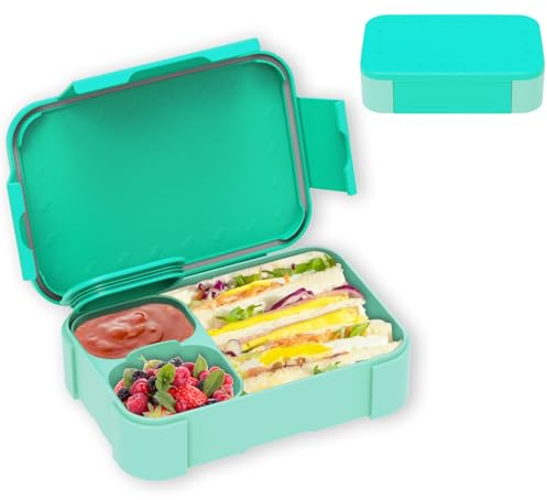 XJIANFU Fiambrera para niños con compartimentos, 900 ml, caja bento a prueba de fugas, compartimentos a prueba de fugas, fiambrera para niñas y niños, microondas, lavavajillas (azul lago)