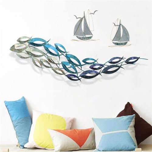Wanddekoration, großer Fischschwarm, Wandkunst, Metallfisch, Metallsegelboot, Schiff, Wandskulpturen, 3D-Fisch-Wandkunst, abstrakt, Moderne Fische, Strand, Heimdekoration