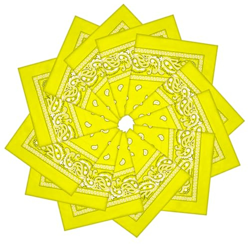PJPSAA 12 Pack Bandanas Unisex Paisley Cowboy Bandanas Bulk Multi Purpose Headband Scarf for Men Women Costume(Yellow)