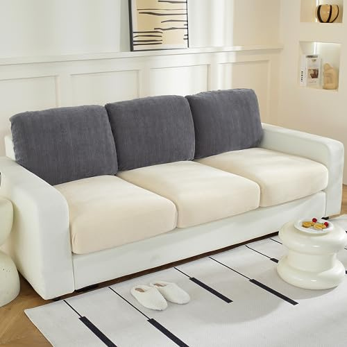 WEYOND Large Backrest Cushion Covers, Chenille Couch Cushion Covers Sofa Covers Washable, Stretch Non-Slip Couch Cover for L Shaped Sectional Sofas (3 Pieces, Dark Grey)