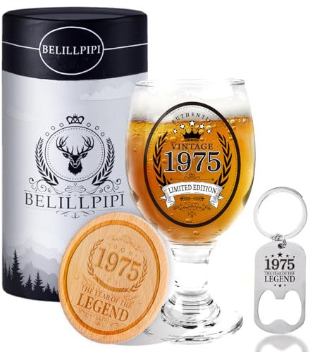 Belillpipi Regalo per 50° compleanno, 1975, bicchiere da birra per uomini e donne, regalo per 50° compleanno, idee regalo per uomini, bicchieri da birra con sottobicchiere, apribottiglie