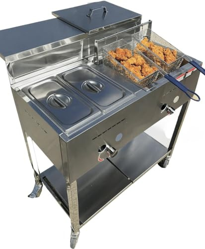 Deep Fryer Cart | 2 Fry Baskets | 3 Gallon Single Tank | 2 Pan Steam Table | Portable 4 Wheel | Stainless Steel | Outdoor Propane Frying Cart for Chicken, Fish, & More | Commercial & Home